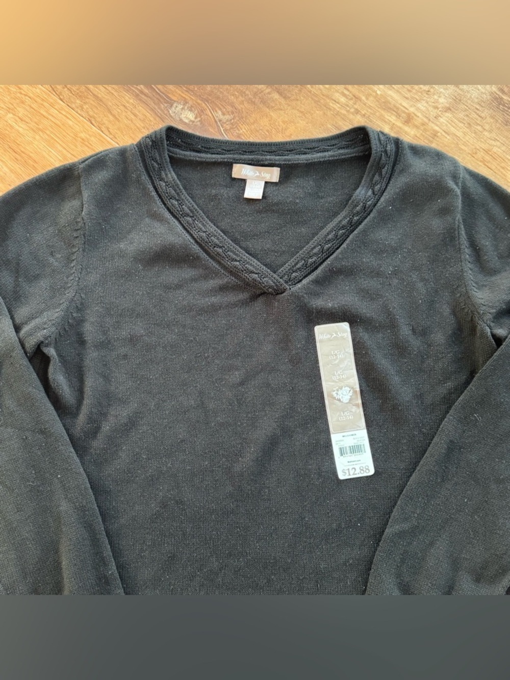 White Stag Women's Large 12-14 Black V-Neck Sweater Cotton Blend Braided Trim - Picture 5 of 8